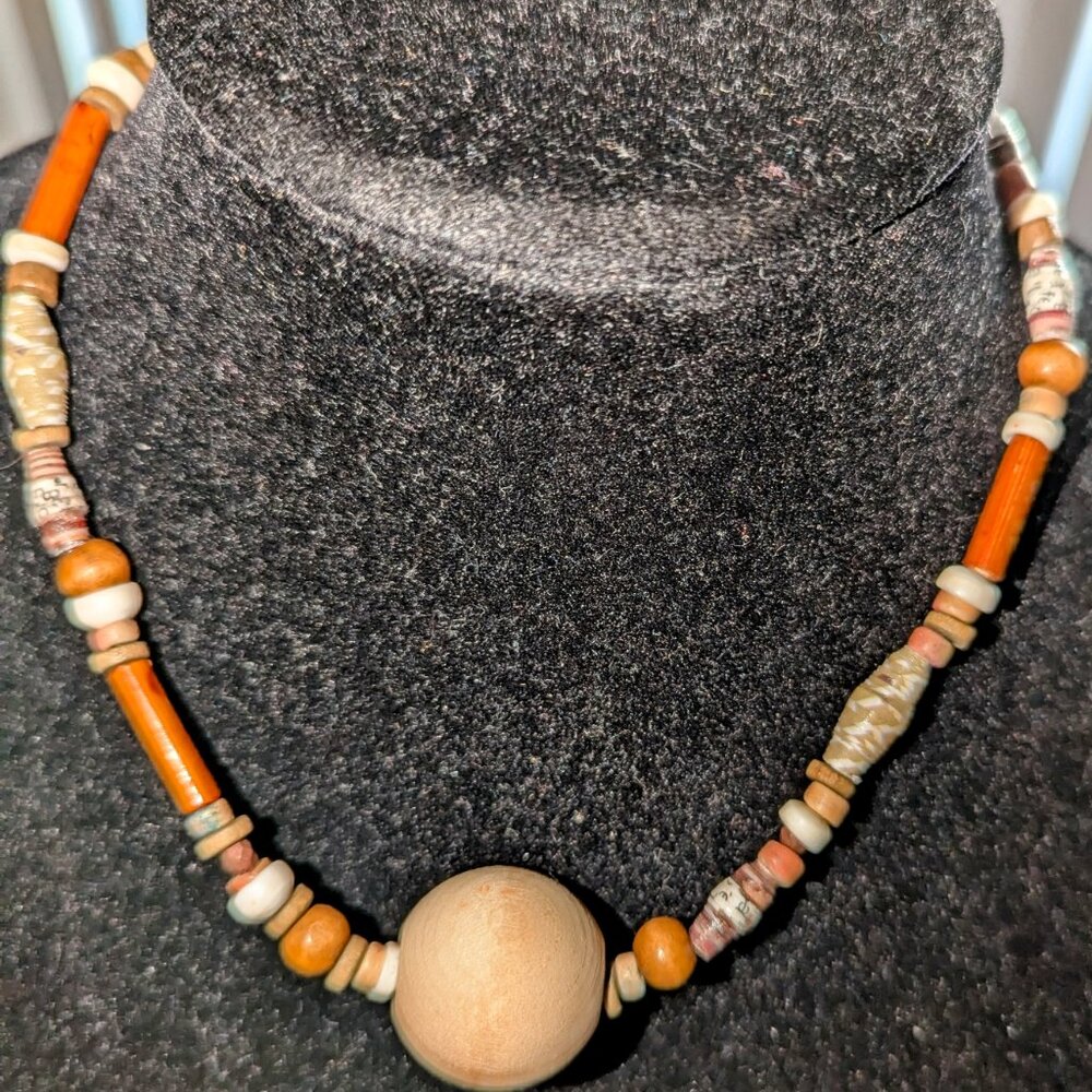 New small wooden beads with a large center wood bead necklace hand made